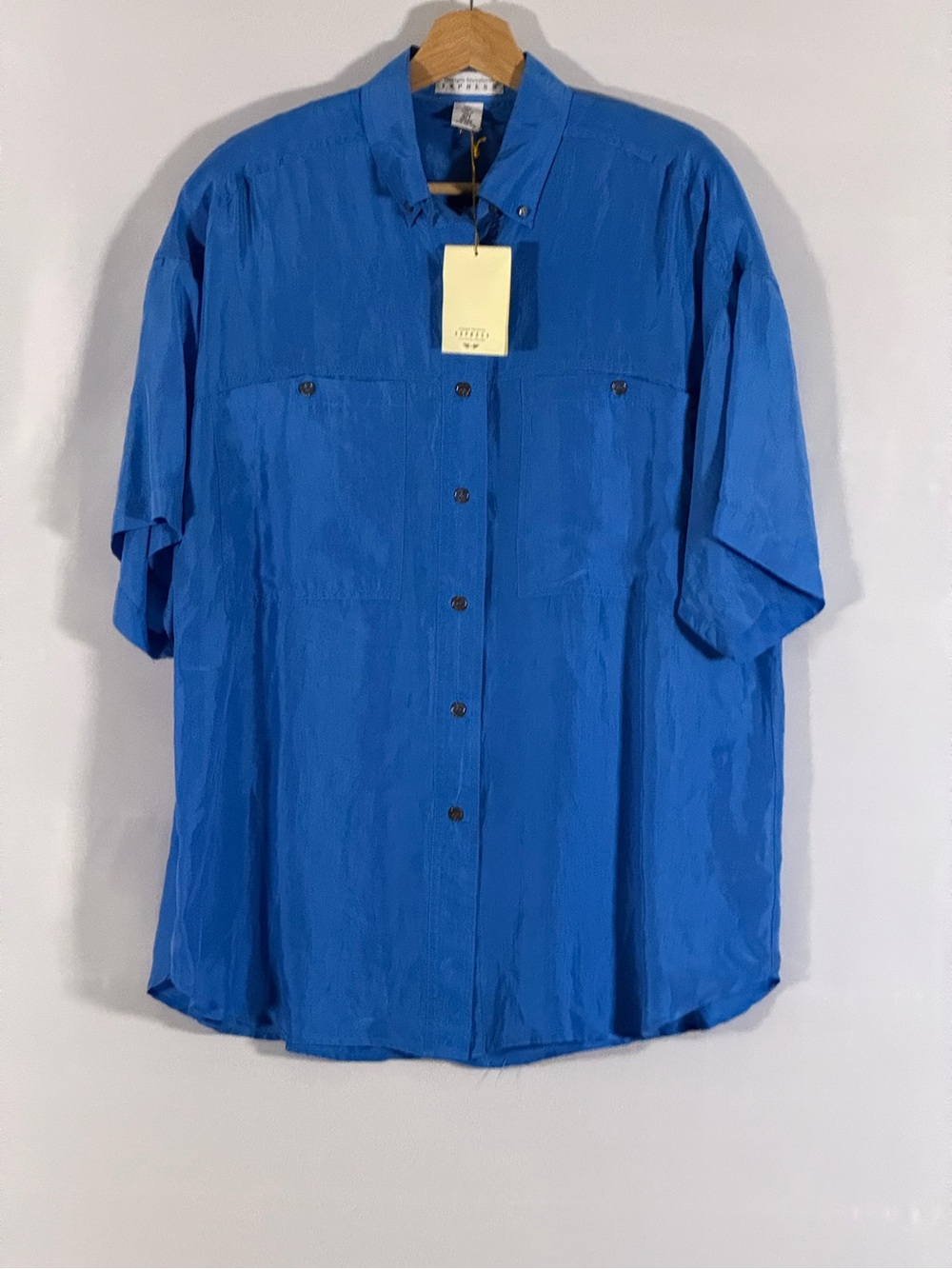Vintage Express 100% Silk Blue Button Up Blouse Womens S Oversized Shoulder Pads